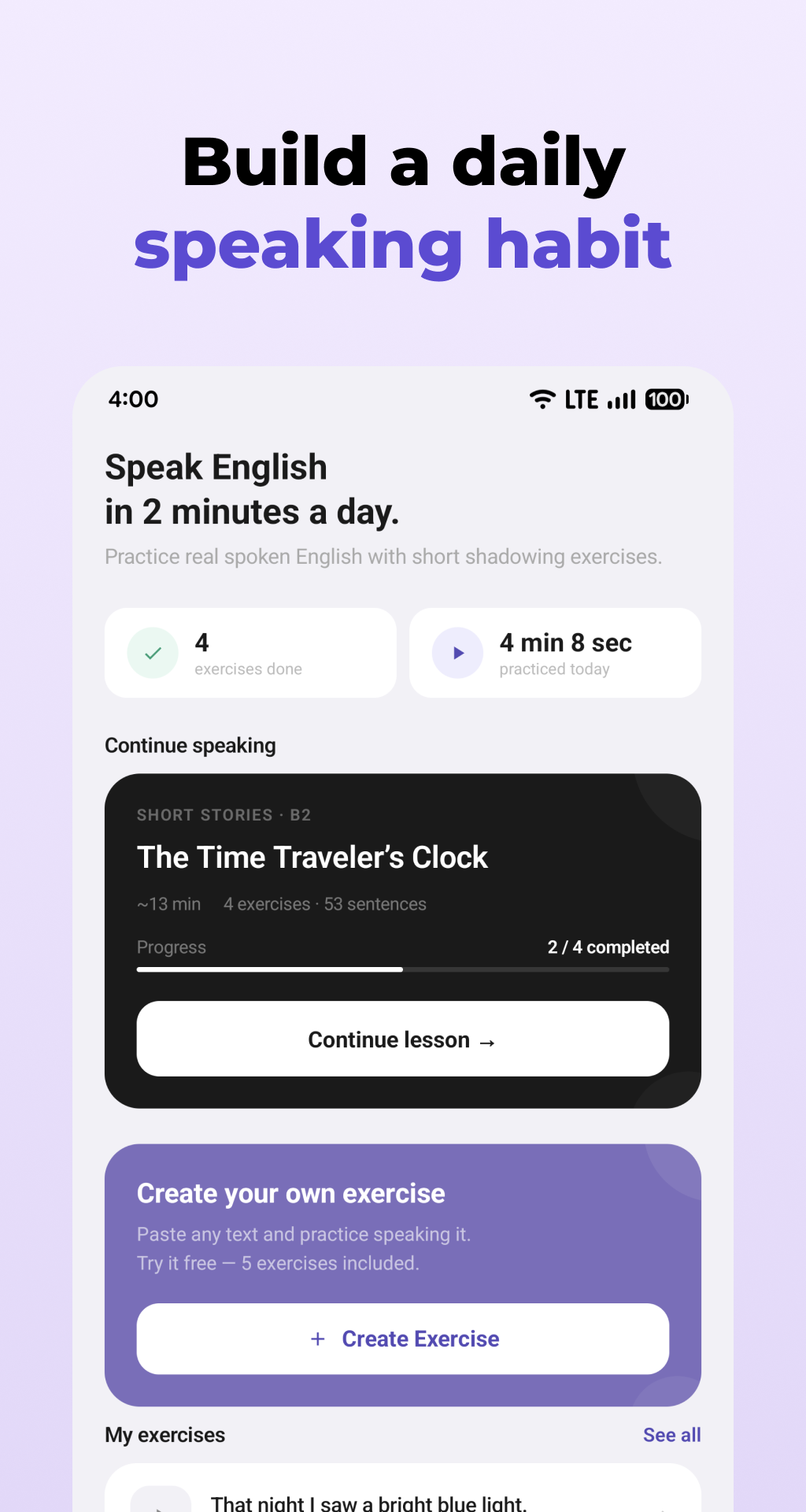 Home screen - Build a daily speaking habit