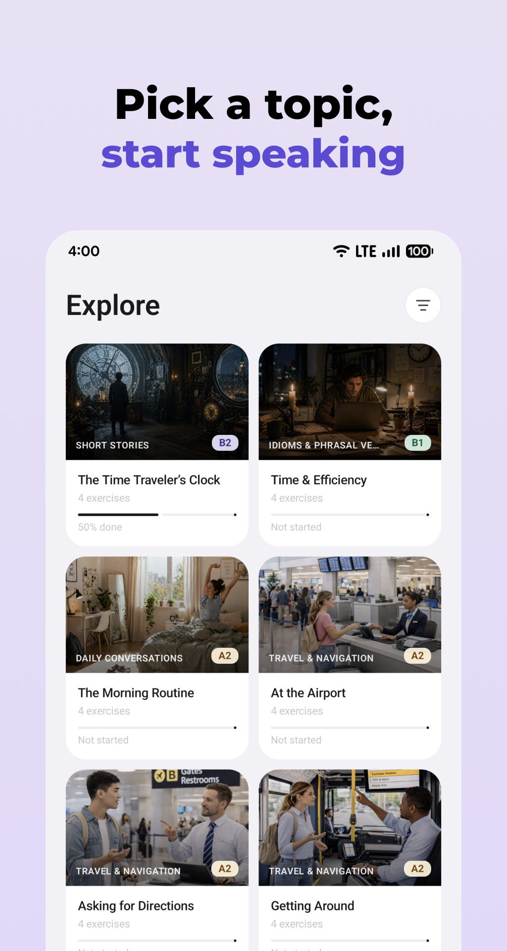 Explore topics - Pick a topic, start speaking