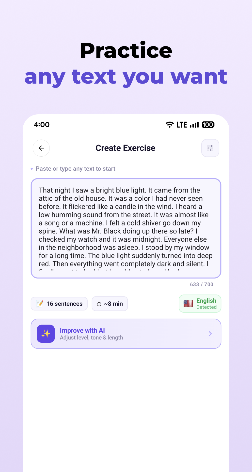 Create exercise - Practice any text you want