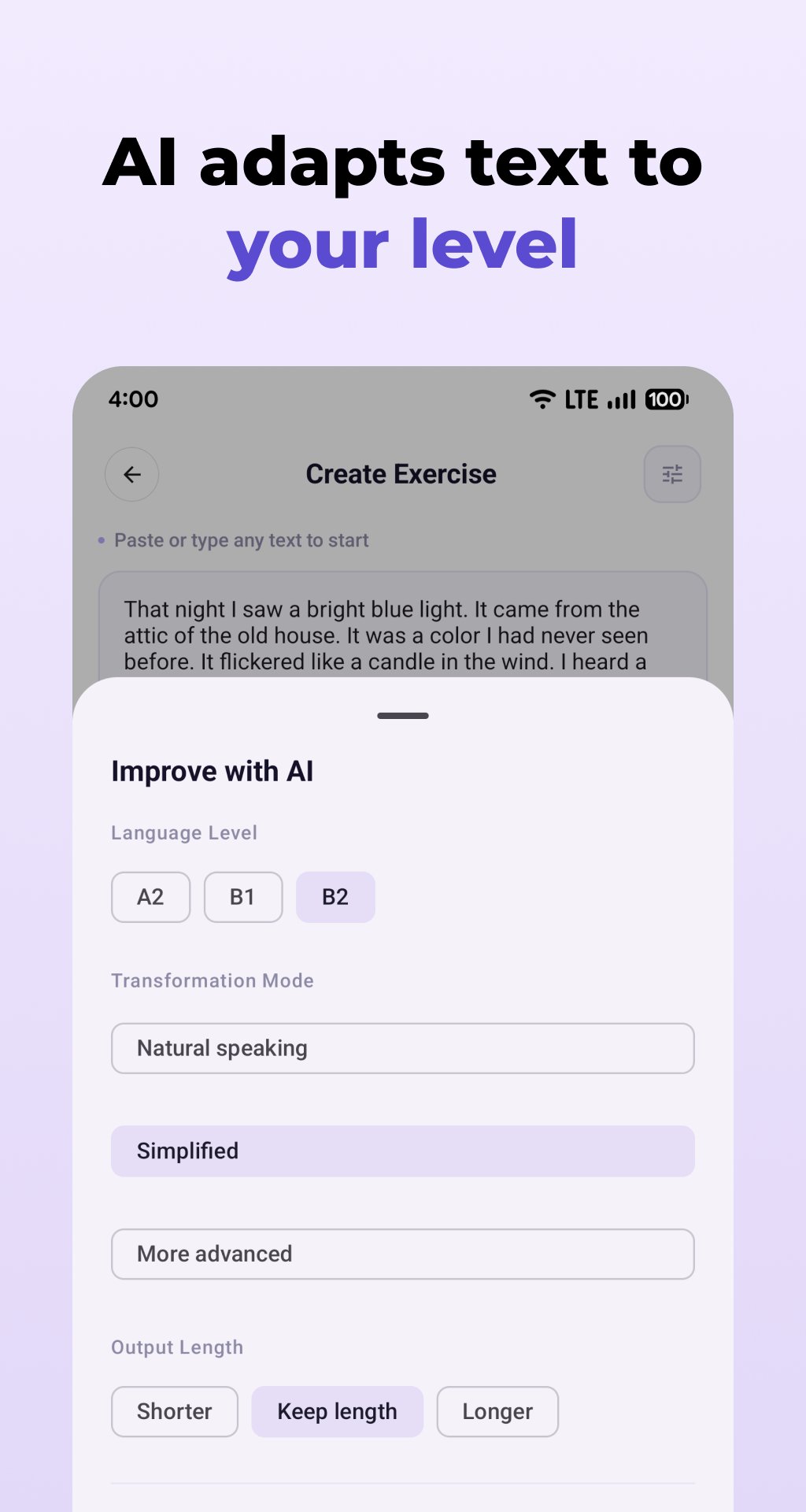 AI improvement - Adapts text to your level